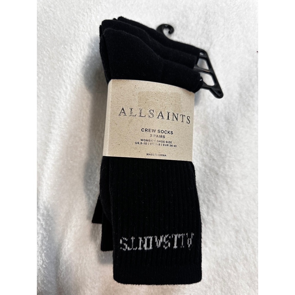 AllSaints Womens 3 Pack Crew Socks Black Ribbed Logo Knit 43ASWS544097TK-BLK